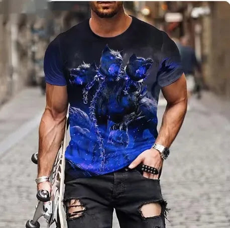 Men's black t-shirt with a fierce lion face 3D graphic print on the front.