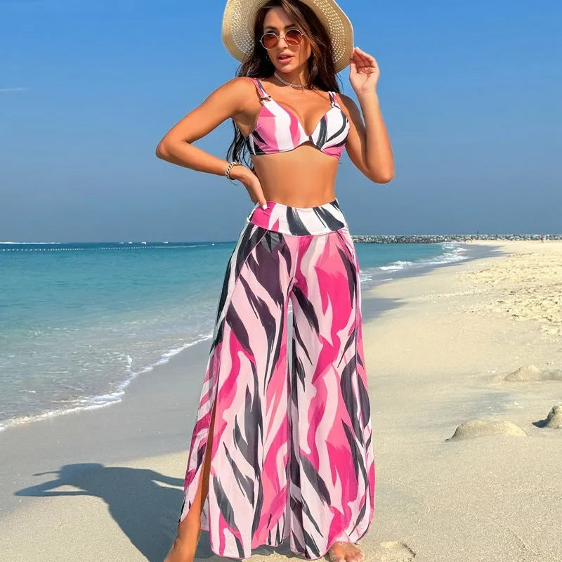Women's three-piece bikini set in quick-dry polyester with animal print pattern