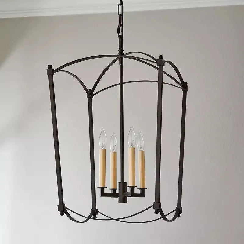 Four-head iron droplight ceiling lamp in gold or black for high stairwell lighting.