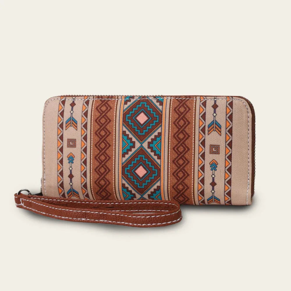 Bohemian striped canvas RFID wallet in beige colour, showing anti-theft design and compact size.