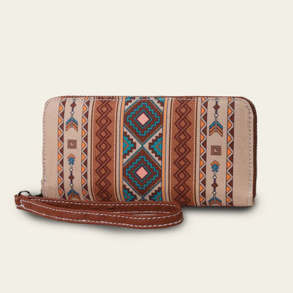 Bohemian striped canvas RFID wallet in beige colour, showing anti-theft design and compact size.