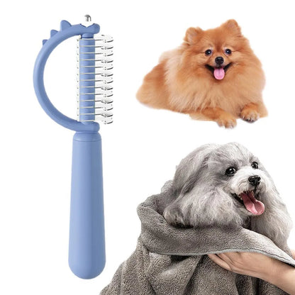 Blue dinosaur-shaped self-cleaning slicker brush for pet grooming on white background