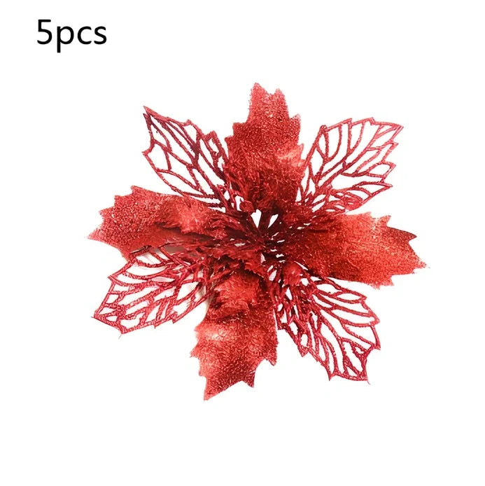Glitter artificial Christmas flowers measuring 11cm with sparkling coating in various colour options