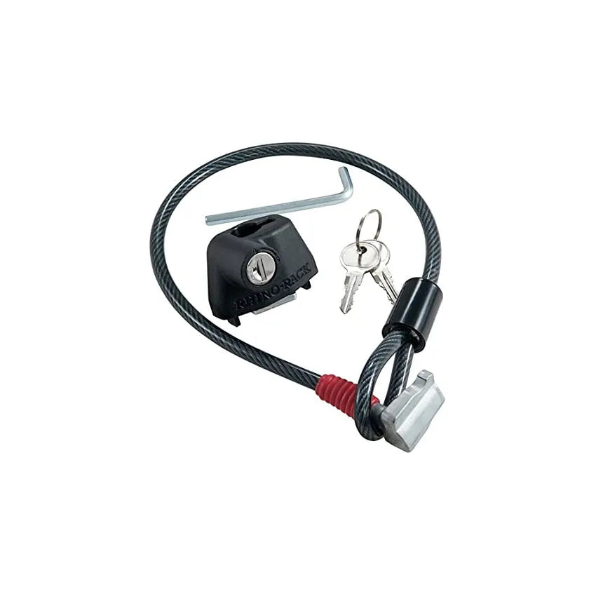 Plastic-sheathed steel cable lock for securing a kayak to a vehicle roof rack.
