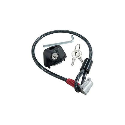 Plastic-sheathed steel cable lock for securing a kayak to a vehicle roof rack.