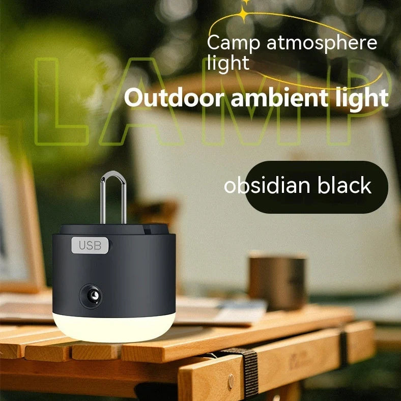 USB-powered camping lantern measuring 75x85mm in khaki, fog white or obsidian black colours