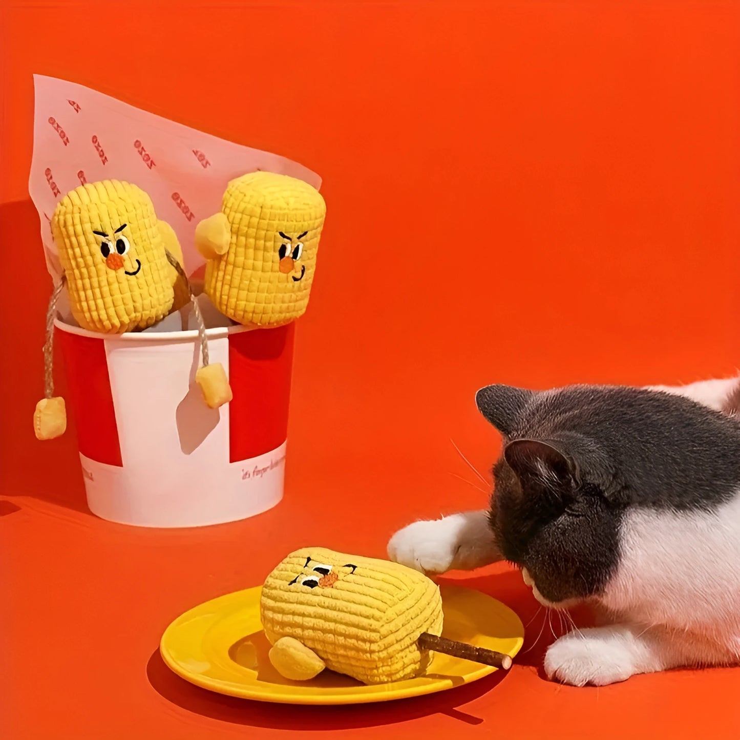 Polio wood corn cob shaped cat toy with catnip for dental cleaning.