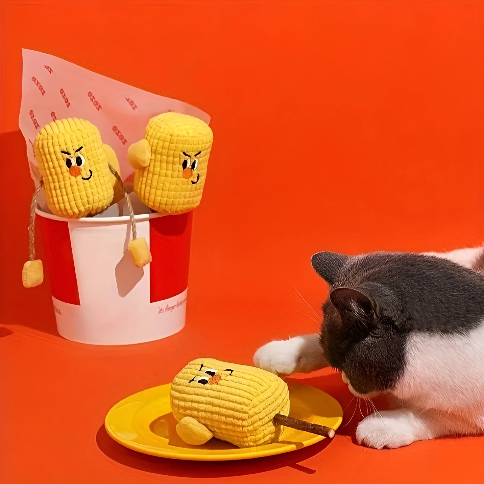 Polio wood corn cob shaped cat toy with catnip for dental cleaning.
