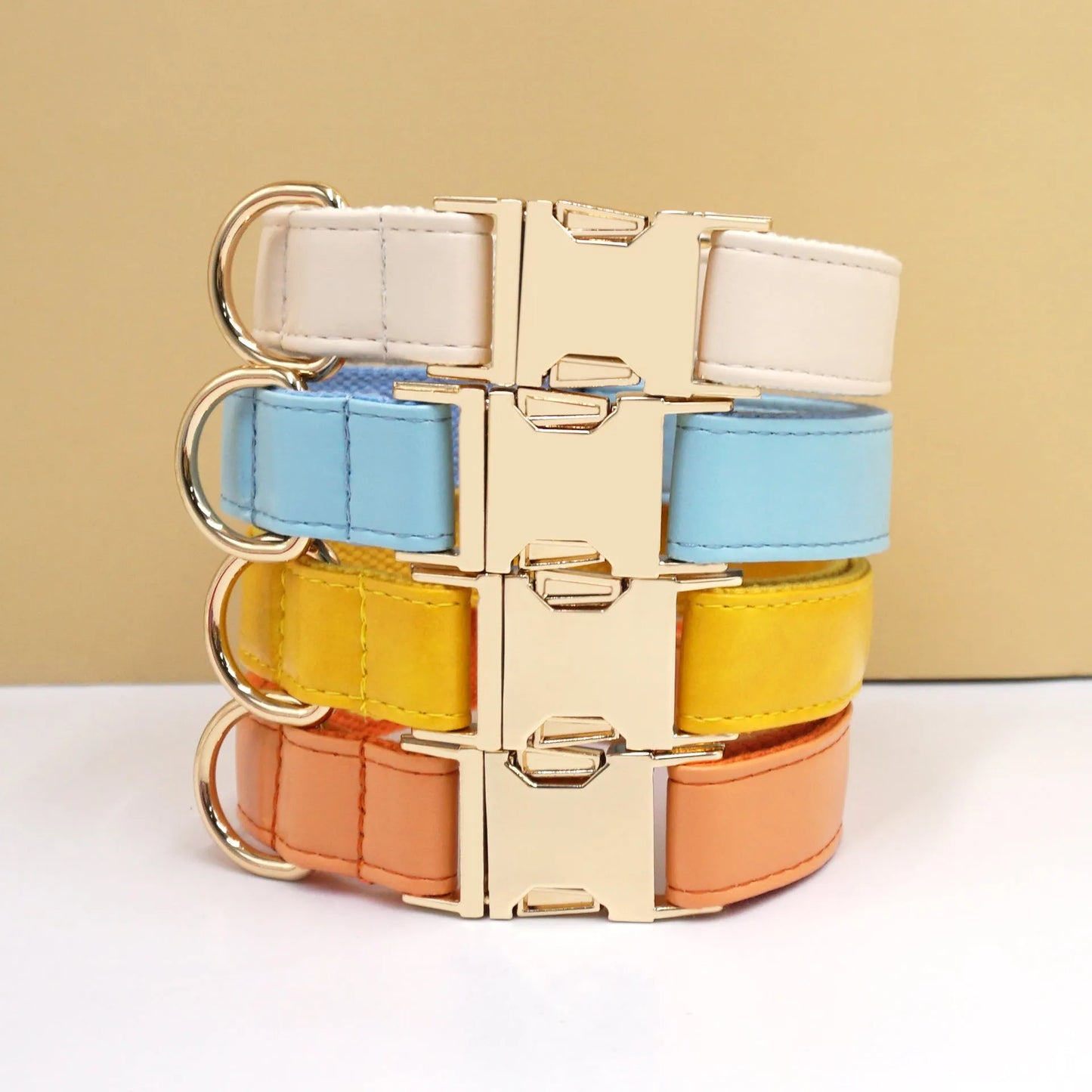 Velvet leather dog collar with colour block design showing buckle fastening in available colour options