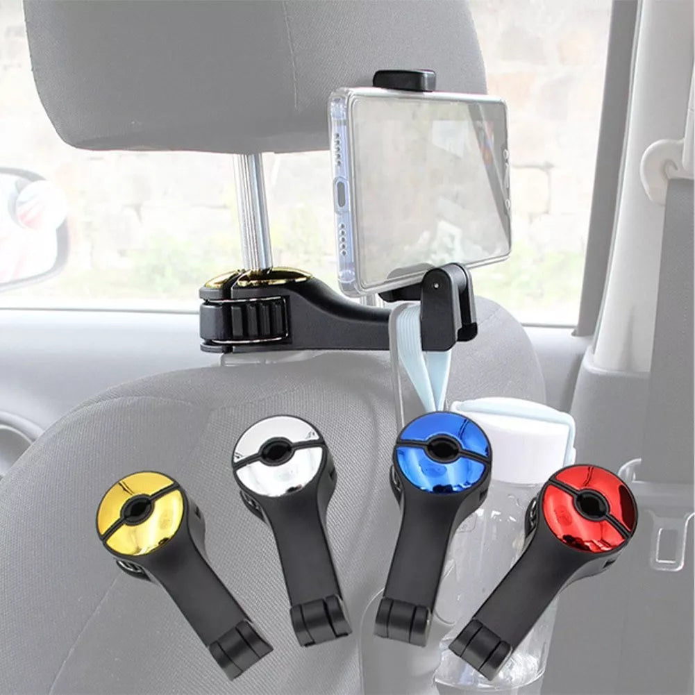 360° rotating car headrest hook phone holder in black, beige, red, or blue