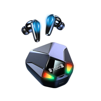Black wireless Bluetooth gaming headset with in-ear earplug design showing battery display and call functions