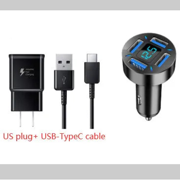 Four-port USB car charger with LED digital display showing voltage, compact black design for vehicle power socket