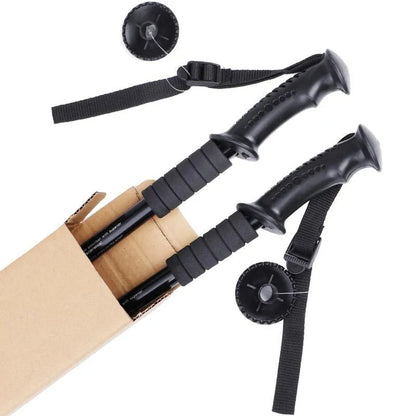 Aluminium alloy telescopic trekking pole extended with straight handle, shown with accessory tips including foot cover and snow holder.
