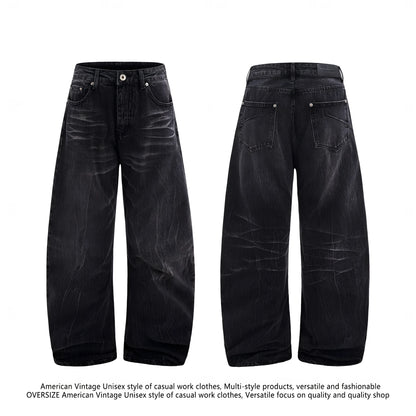Black men's straight-leg jeans with an American washed old lightning crack distressed pattern.