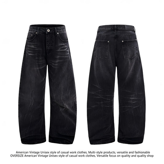 Black men's straight-leg jeans with an American washed old lightning crack distressed pattern.