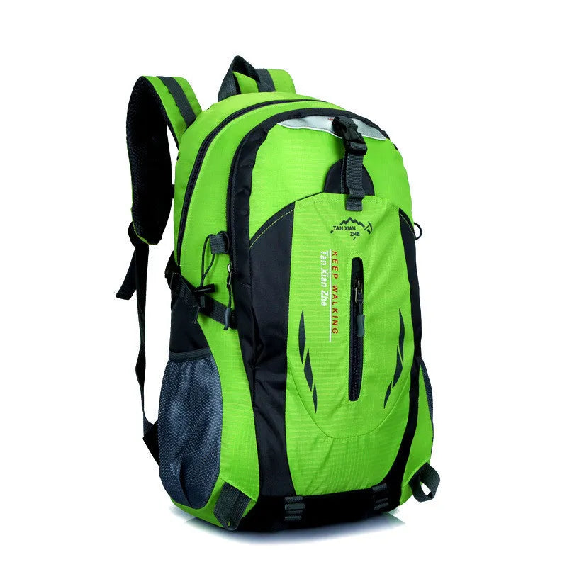 Large red outdoor travel backpack made of oxford cloth, showing front compartments and carrying straps.