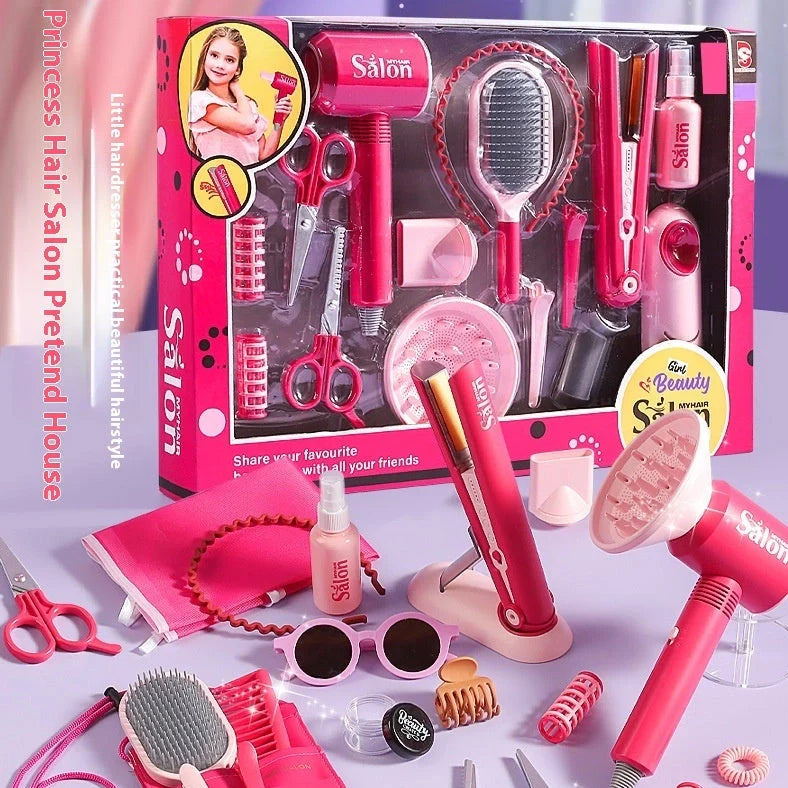 Children's plastic hair salon toy set with hair dryer and curler pieces for role-play