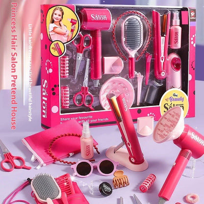 Children's plastic hair salon toy set with hair dryer and curler pieces for role-play