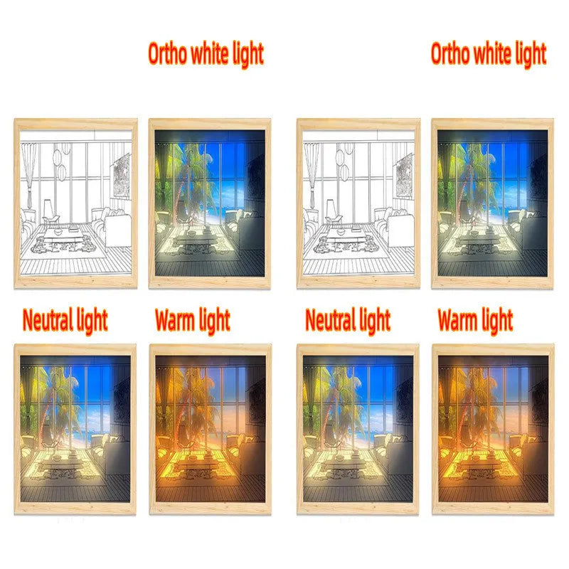 LED illuminated decorative picture light on a table showing a scenic landscape image glowing from within.