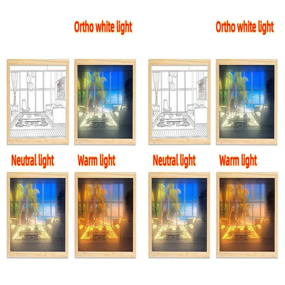 LED illuminated decorative picture light on a table showing a scenic landscape image glowing from within.