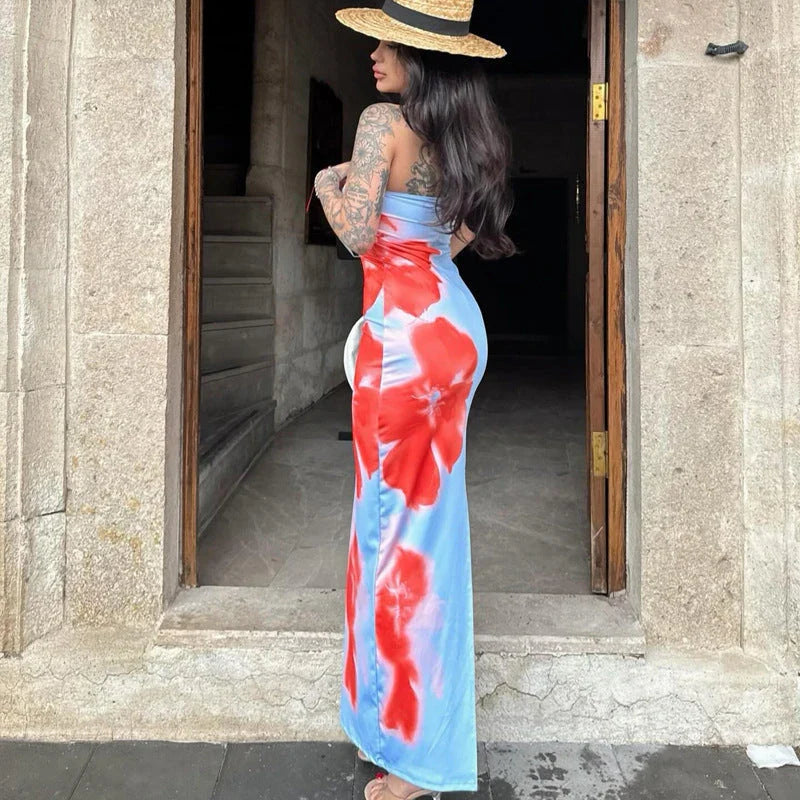 Versatile slit maxi dress in vibrant contrast colors, perfect for summer parties and beach outings