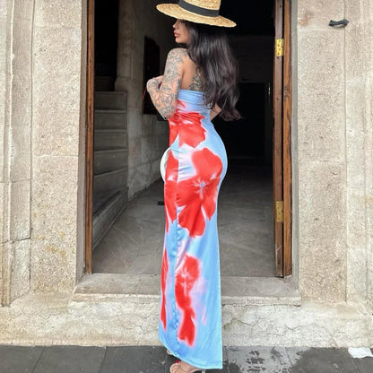 Versatile slit maxi dress in vibrant contrast colors, perfect for summer parties and beach outings