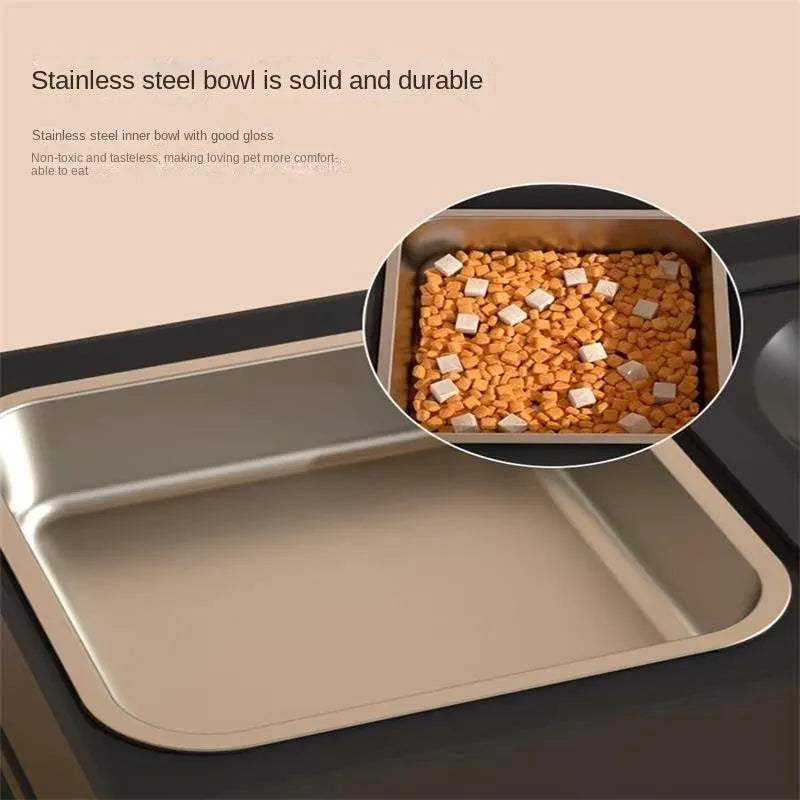 Adjustable height dog feeding stand with two stainless steel bowls in black or grey colours.