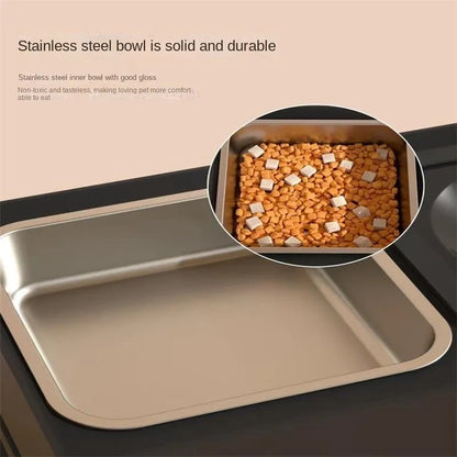 Adjustable height dog feeding stand with two stainless steel bowls in black or grey colours.