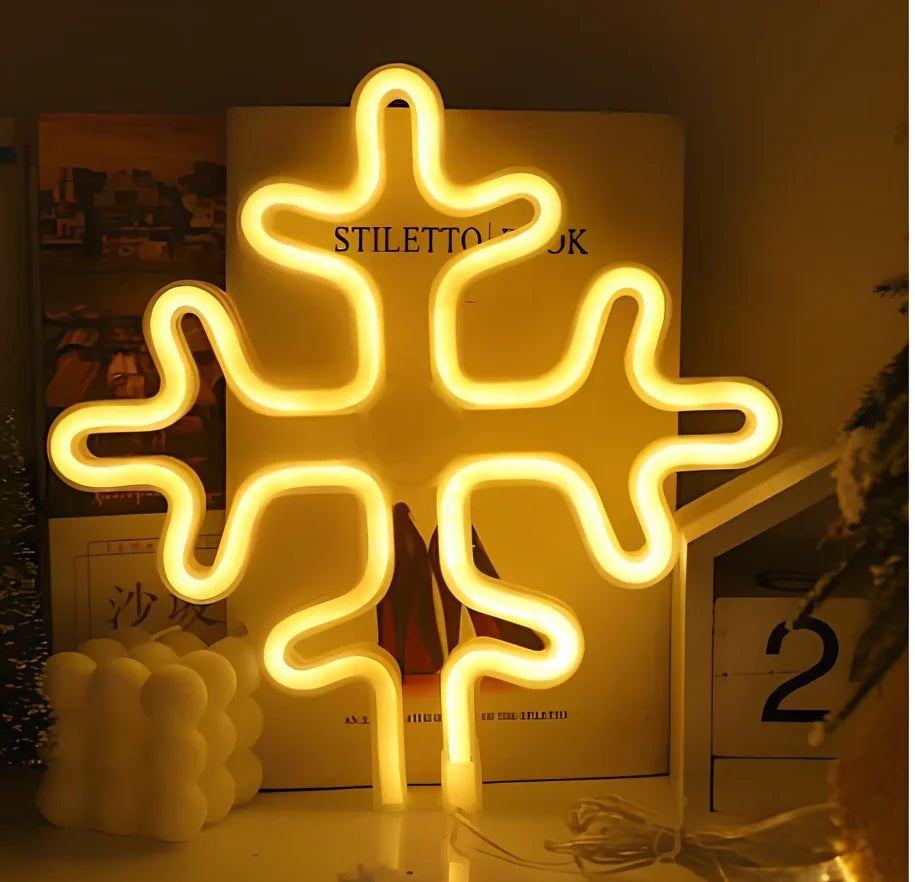 LED neon decorative light with acrylic back panel showing USB power connection and multiple design options