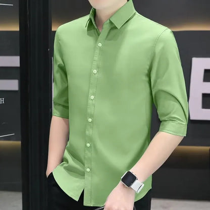 Men's slim-fit half-sleeve summer shirt in silk and linen blend fabric with non-ironing feature