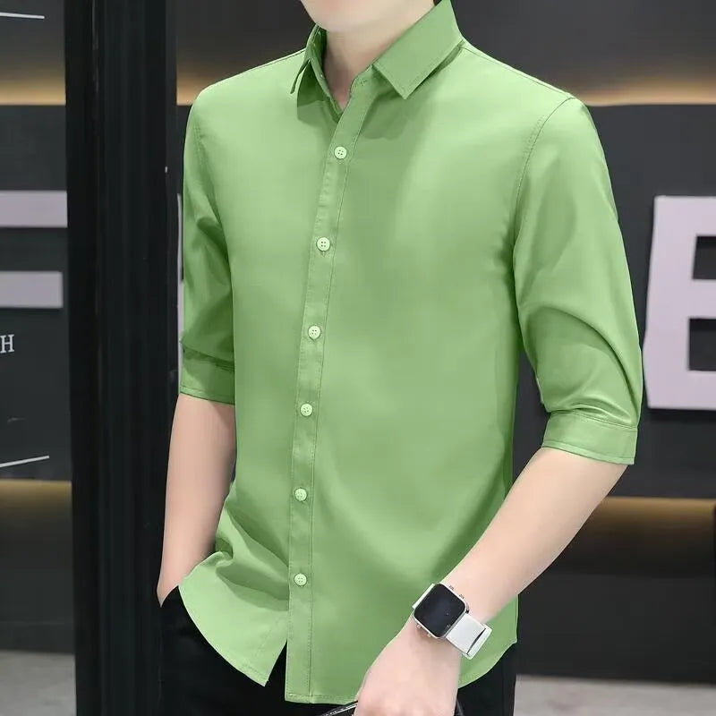 Men's slim-fit half-sleeve shirt with non-ironing process in a blend of silk and linen for summer wear, available in grass green, light blue, white, black, and light green colours for adult men, sizes M, L, XL, 2XL, 3XL, 4XL with youth popularity style