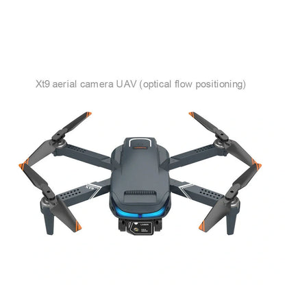 Black foldable drone with dual 4K cameras, unfolded to 18cm with protective covers installed