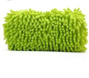 Silver green microfiber chenille car wash sponge block measuring 14cm by 25cm.