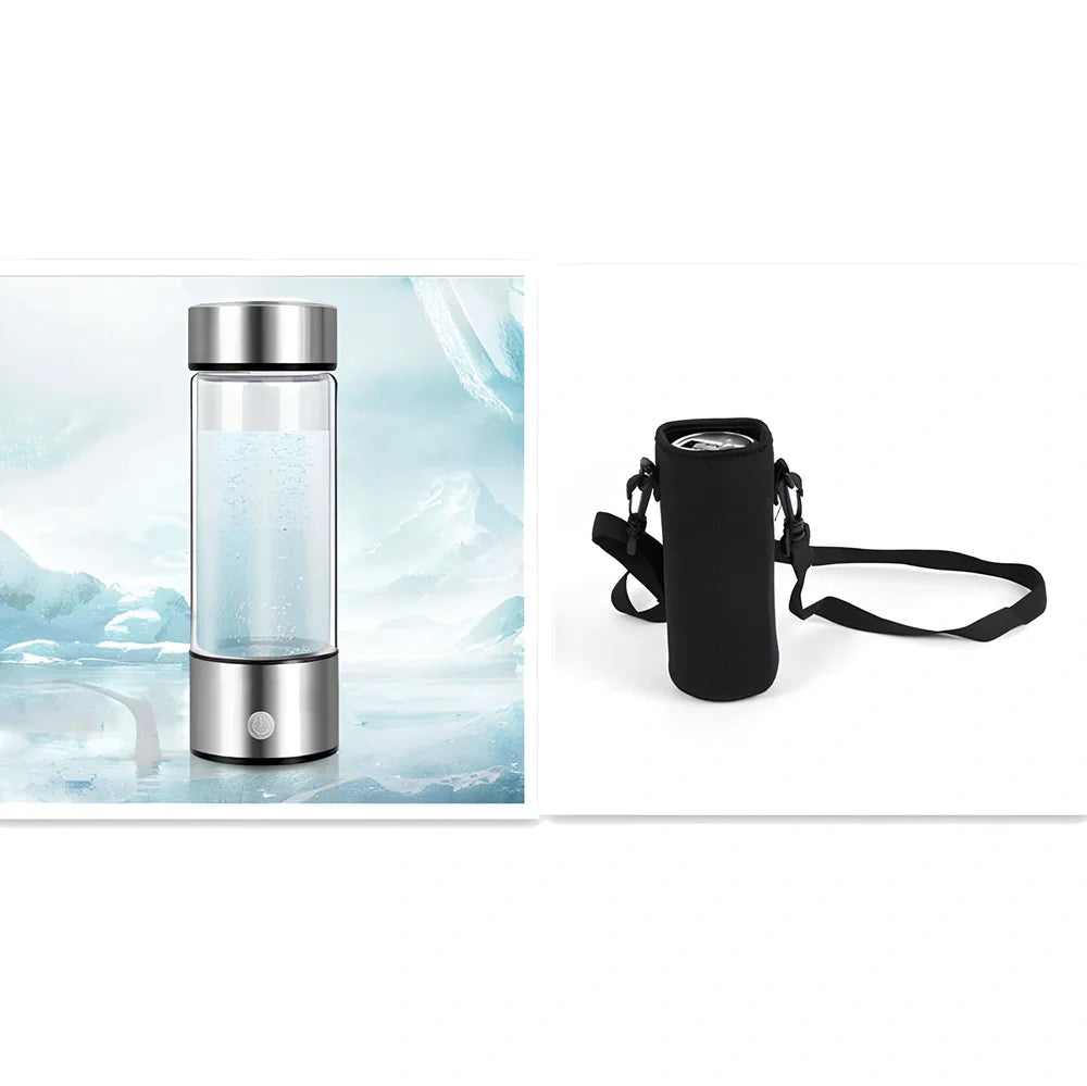 Portable hydrogen water cup in silver with borosilicate glass, showing electrolysis bubbles and romatic light, 3-minute generation