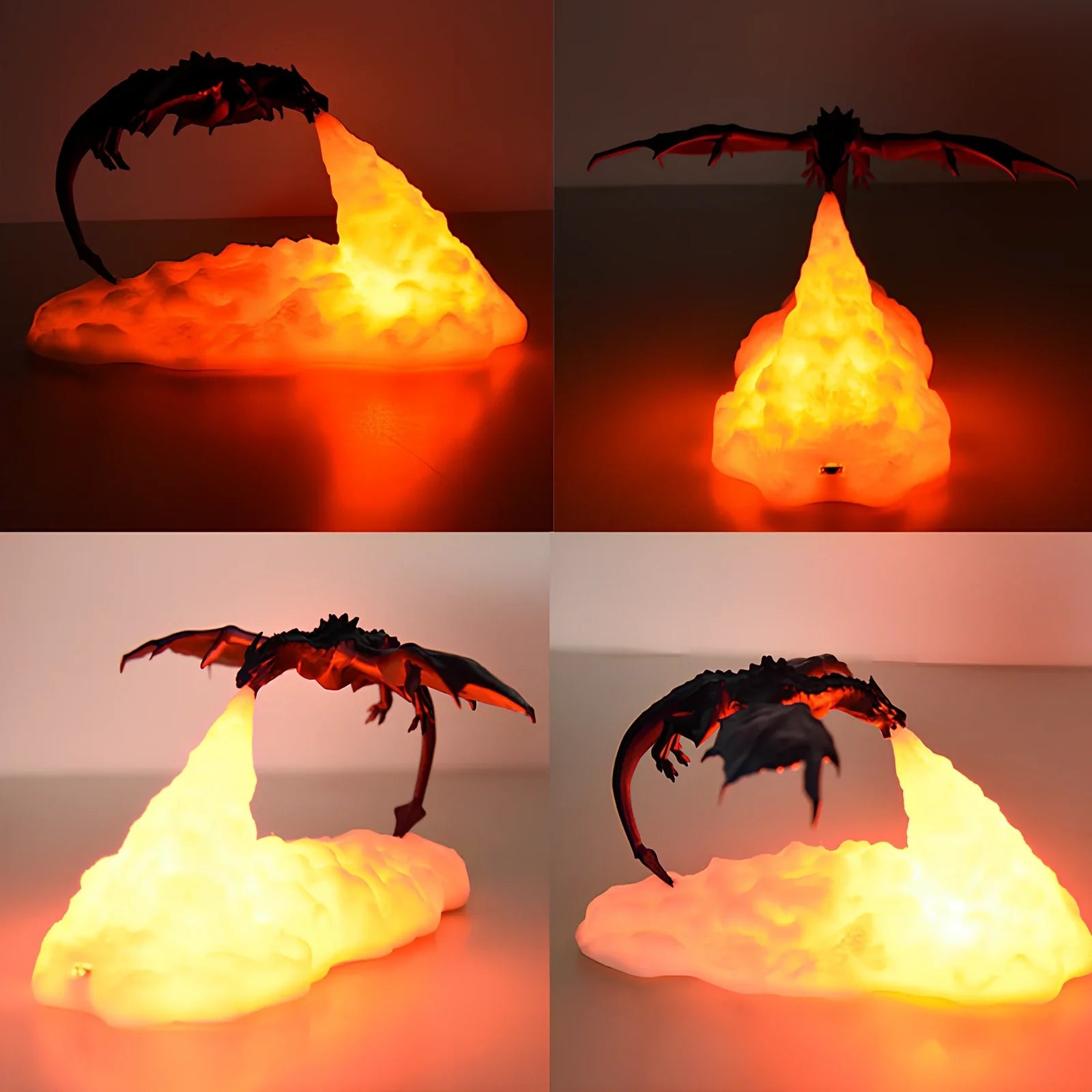 Breathing lamp with 200mm PVC shade in dragon design colours on wooden surface