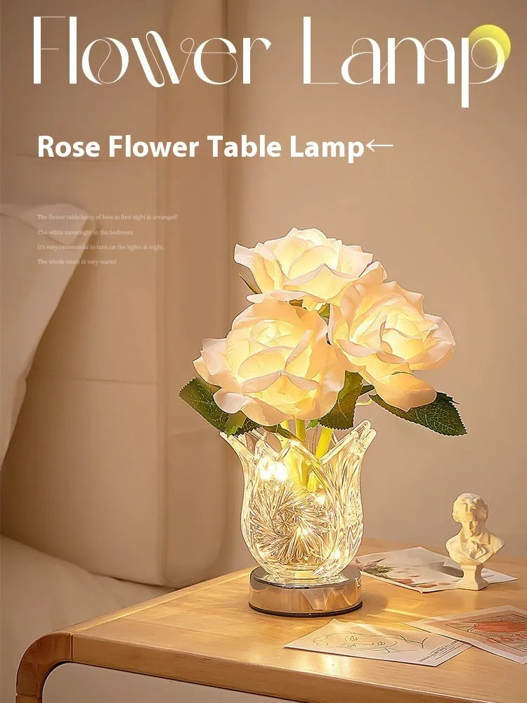 Modern crystal flowers design rechargeable touch table lamp with dimming control on a bedside table.
