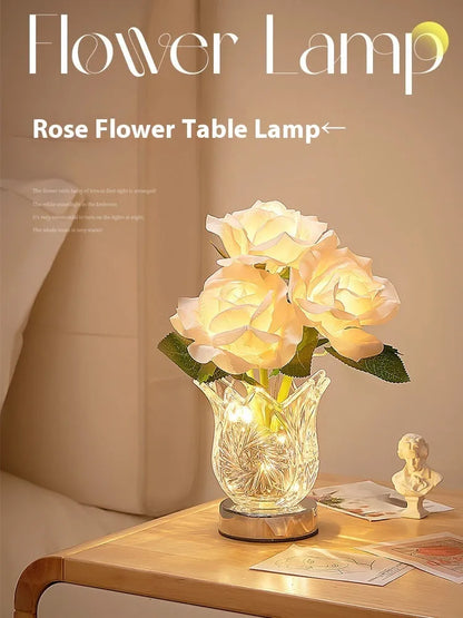 Modern crystal flowers design rechargeable touch table lamp with dimming control on a bedside table.