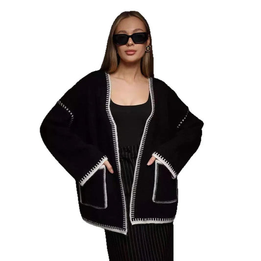 Lace-up knitted cardigan in camel colour with loose mid-length design and imitation cashmere fabric