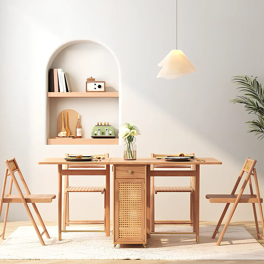 Natural rattan folding dining table extended to 145cm length with wood frame