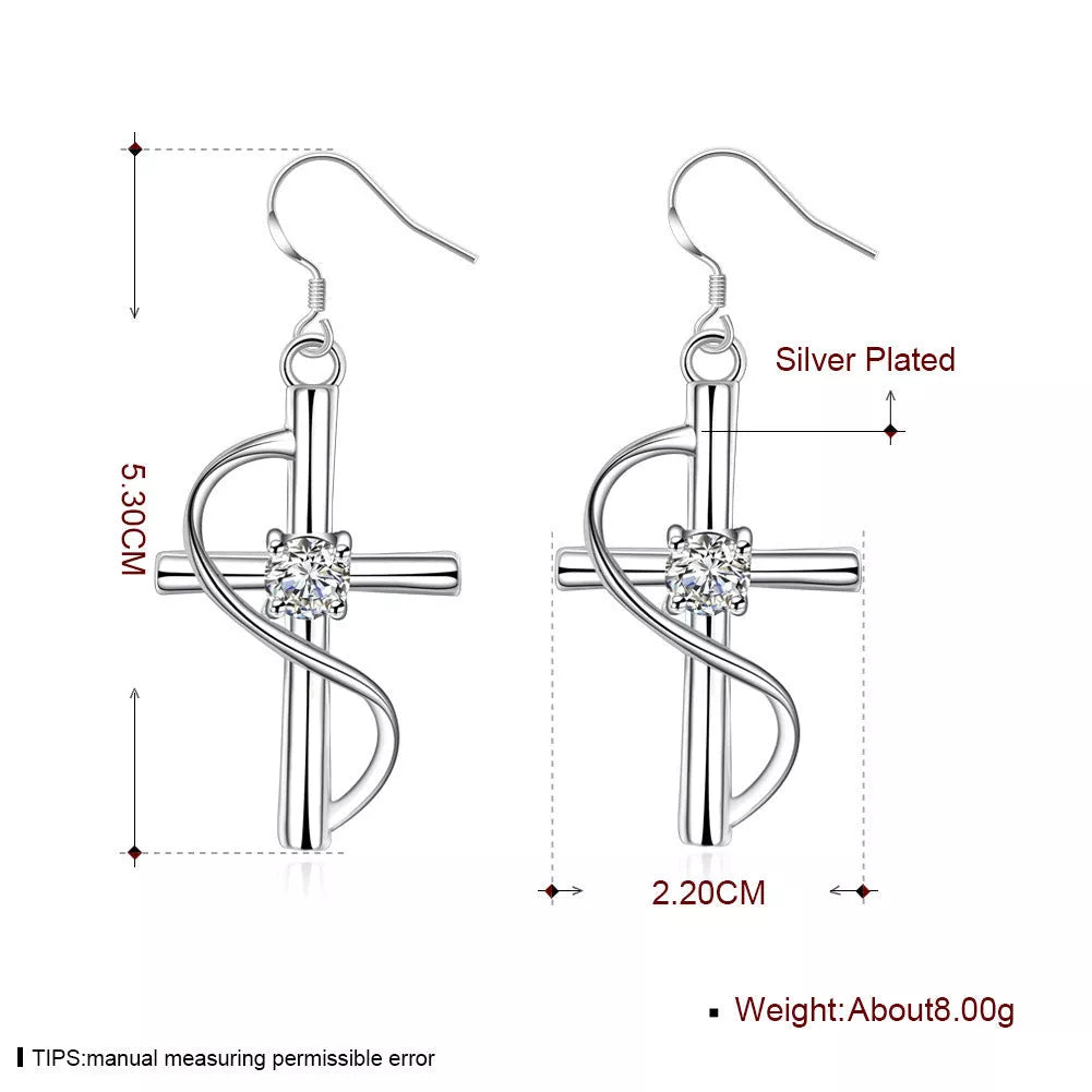Elongated cross earrings in white metal, versatile and durable design