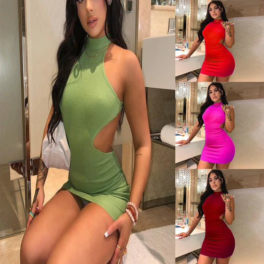 Chic women's high-neck dress with dramatic back cutout and form-fitting silhouette