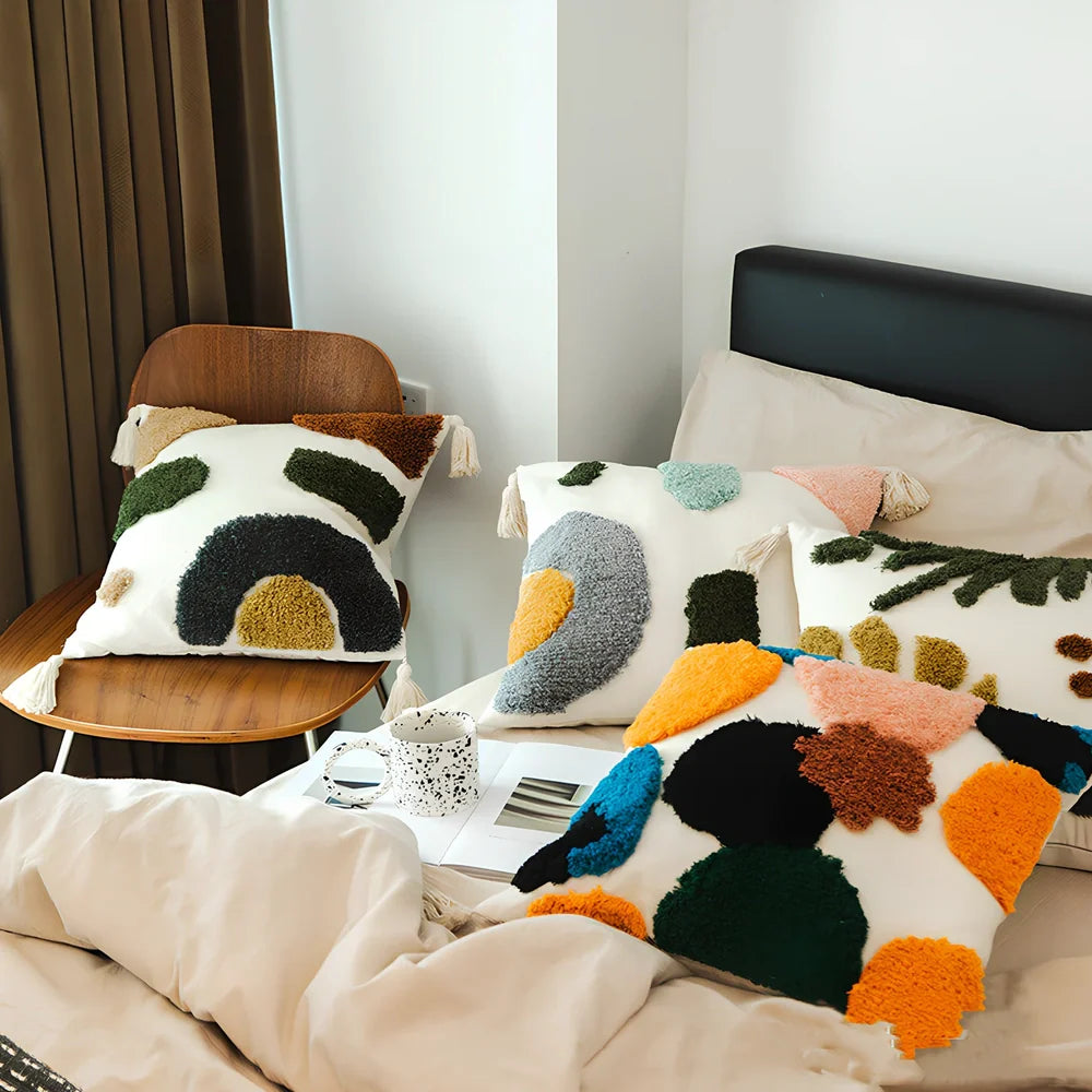 Tufted cotton pillowcase 45x45cm in dark gray flower field pattern for sofa decor