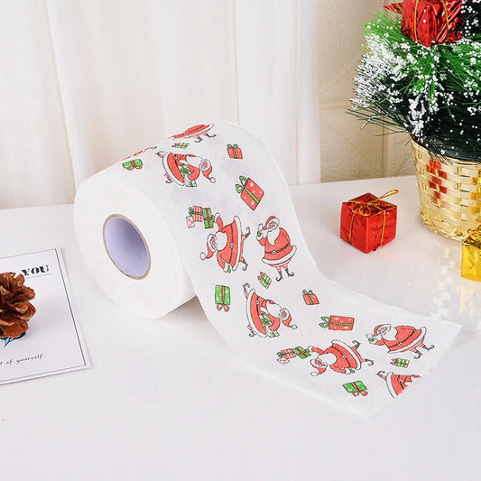 Christmas-themed toilet paper roll with Santa Claus and festive designs