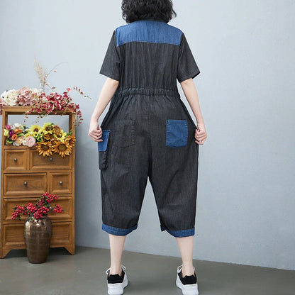 Stylish women's denim drawstring jumpsuit in blue and black