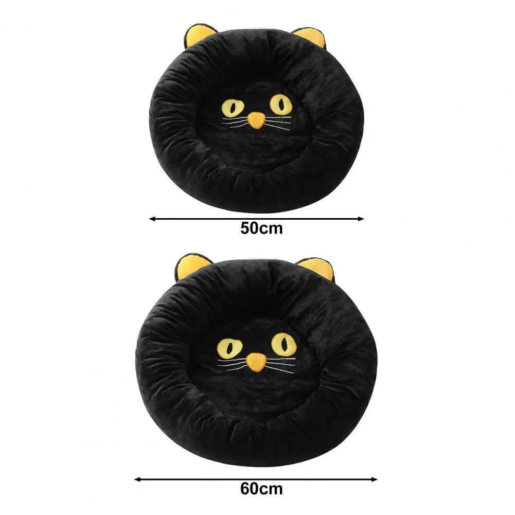 Black cat-shaped velvet pet nest bed with raised edges showing S and M size options