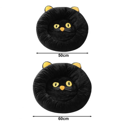 Black cat-shaped velvet pet nest bed with raised edges showing S and M size options