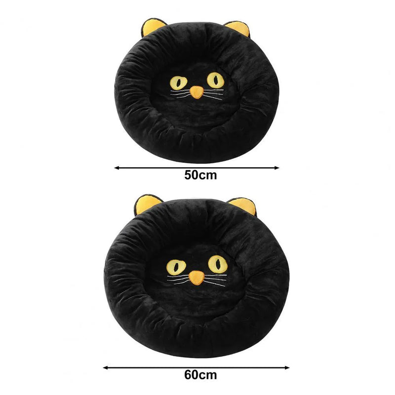 Black cat shape pet nest bed with raised edges for cats, velvet fabric cat cave bed providing head and neck support, soft and comfortable sleeping basket available in S 50cm diameter and M 60cm diameter sizes
