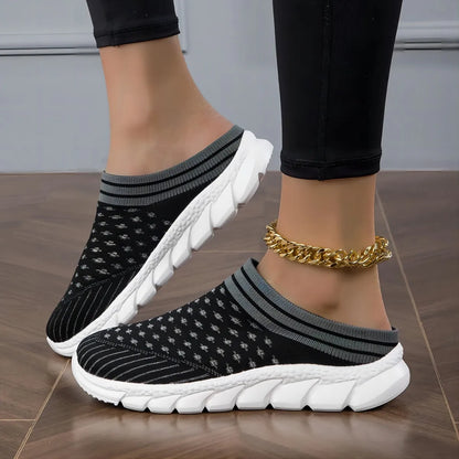 Women's black Flyknit semi-slipper shoes with striped pattern and hollowed-out design on viscose sole