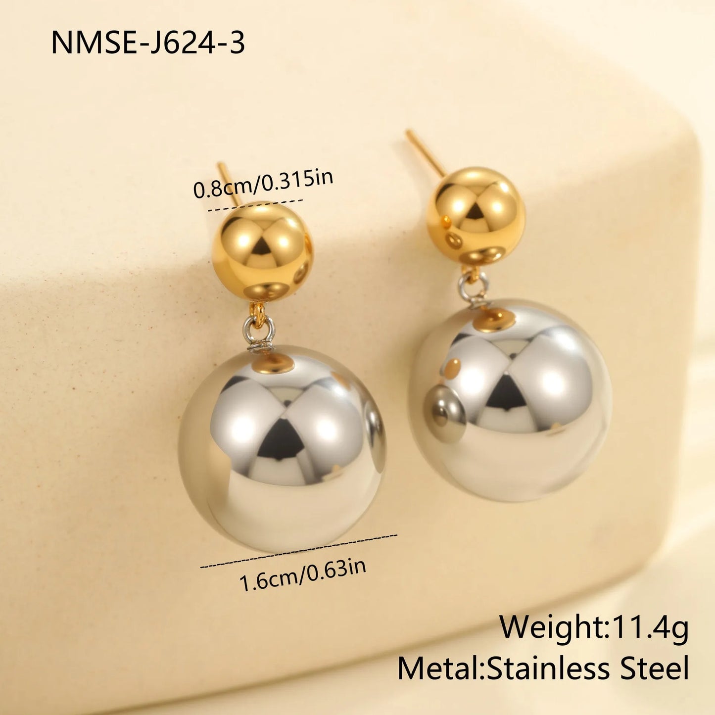Geometric stainless steel ear studs with colour-block design and round bead elements