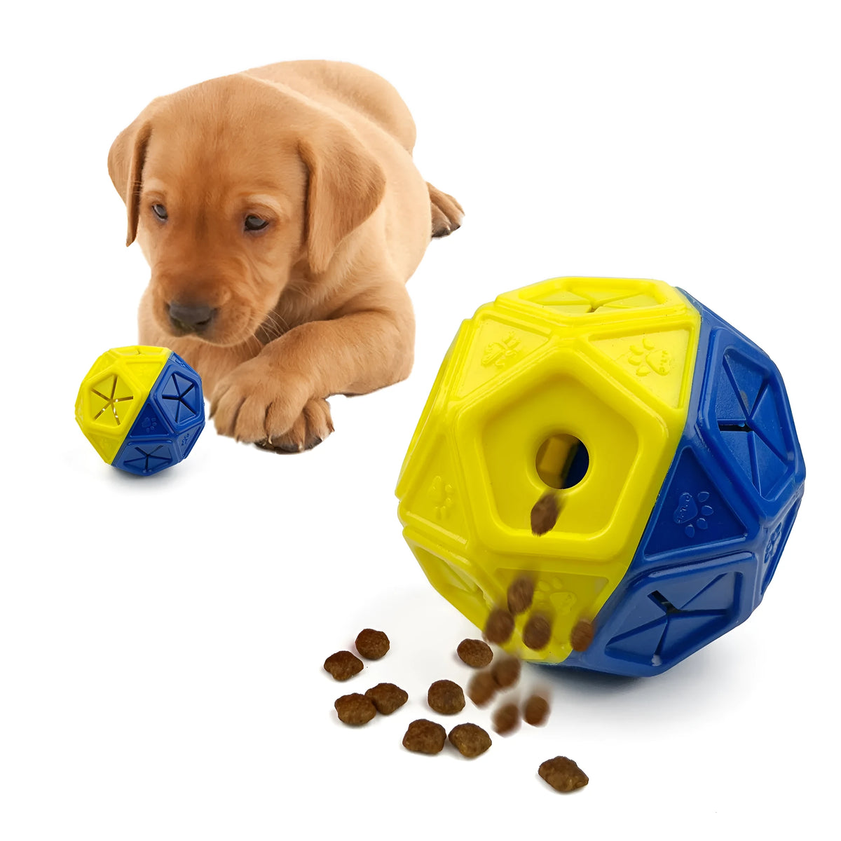 Chew-resistant dog puzzle feeder ball in red colour designed for interactive food dispensing